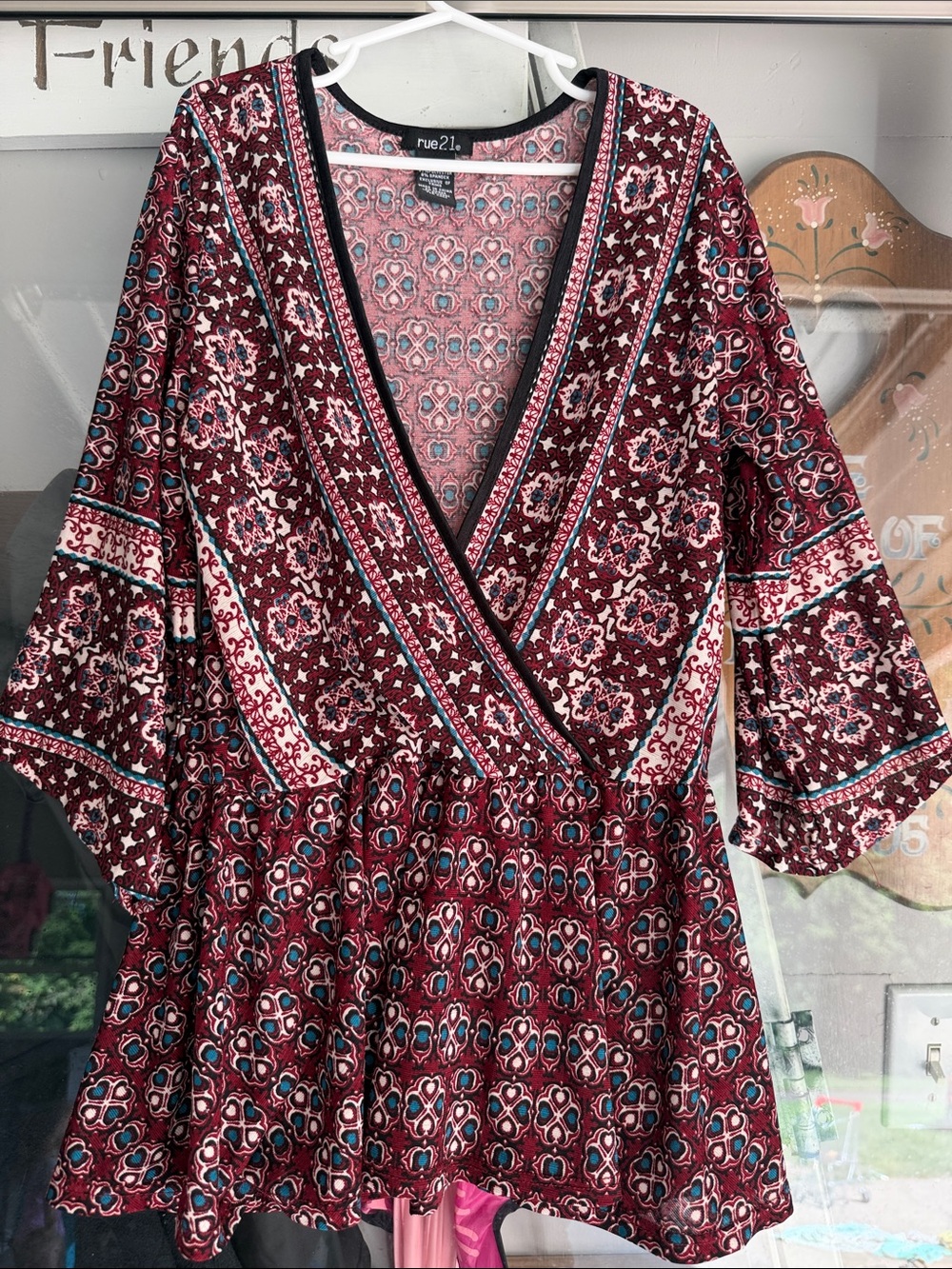 Rue21 Burgundy and Pink Patterned Wrap Peplum Top